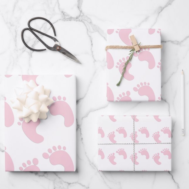 Feuille De Papier Cadeau Jolie Empreinte Bébée Thème Fille Rose (Recto)