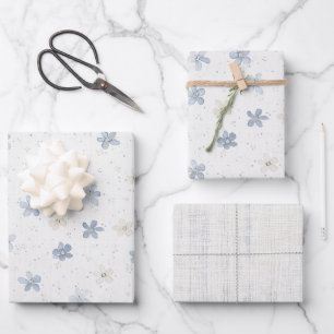 Feuille De Papier Cadeau Jolie Fête Anniversaire Fleurs Crème Bleu