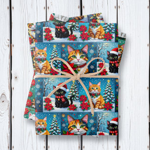 Feuille De Papier Cadeau Jolie fête de Noël de chat d'art populaire Impasto