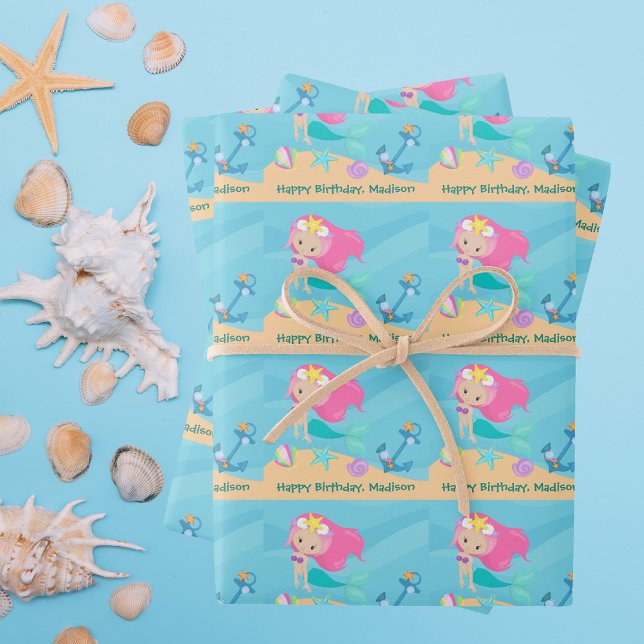 Feuille De Papier Cadeau Jolie fille de sirène personnalisée plage Annivers (Créateur téléchargé)