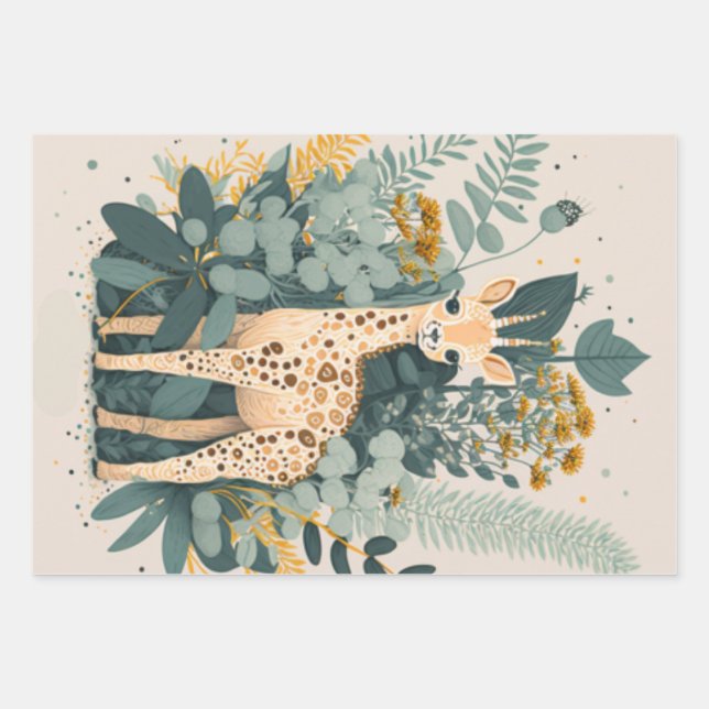 Feuille De Papier Cadeau Jolie girafe fleurie (Devant)