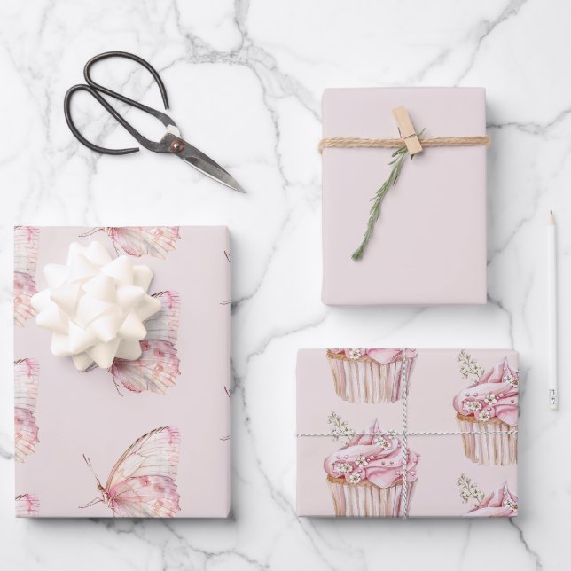Feuille De Papier Cadeau Jolie Papillons rose Anniversaire (Recto)