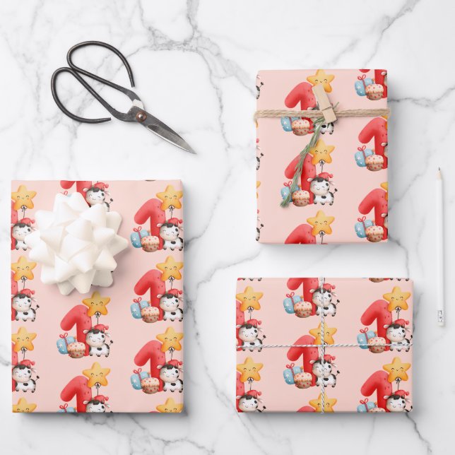 Feuille De Papier Cadeau Jolie vache 1er anniversaire (Recto)