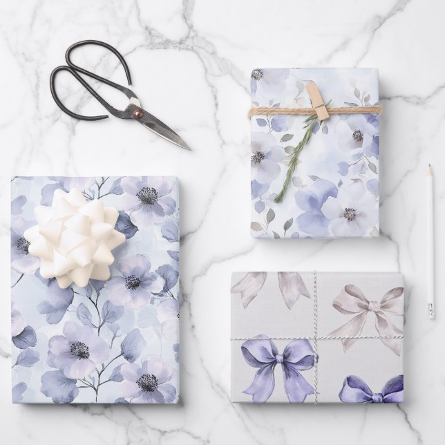 Feuille De Papier Cadeau Jolies Fleurs Violettes et Rubans (Recto)