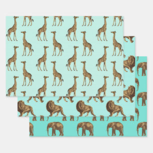 Feuille De Papier Cadeau Jolies Giraffes, Lions et Eléphants