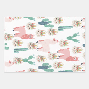 Feuille De Papier Cadeau Jolis Llamas roses et Cactus vert