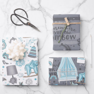 FEUILLE DE PAPIER CADEAU JOUETS DE BÉBÉ BLEUS ET GRIS PASTEL JOUETS FLEURS