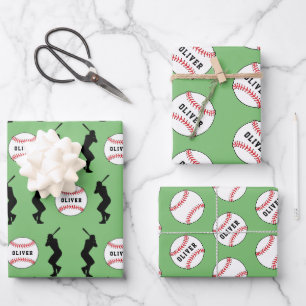 Feuille De Papier Cadeau Joueur de Balle de Baseball Enfants Nom Anniversai