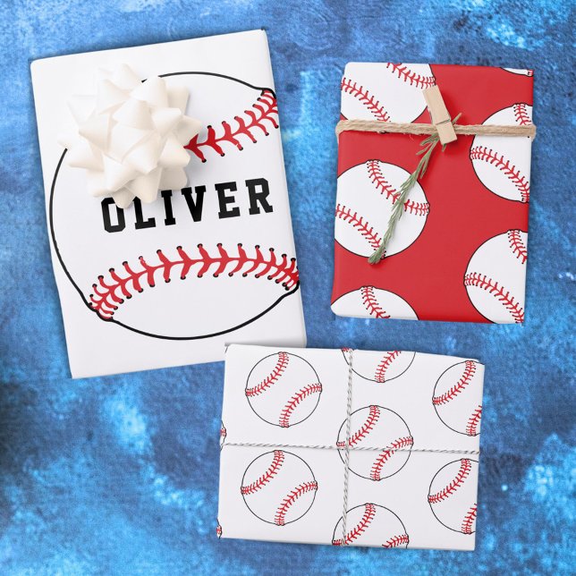 Feuille De Papier Cadeau Joueur Motif de baseball Ball Nom Enfants Annivers (Créateur téléchargé)