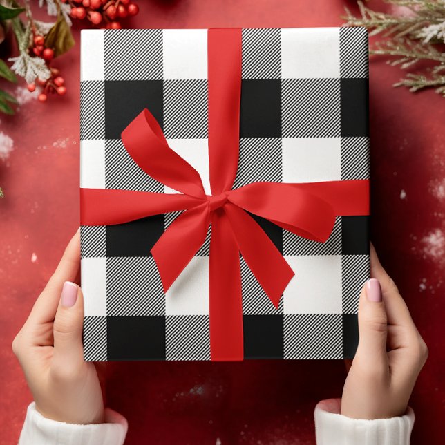 Feuille De Papier Cadeau Jour de Noël blanc et noir (Black and White Buffalo Plaid Christmas Wrapping Paper Sheets)