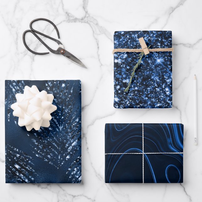 Feuille De Papier Cadeau Jour de Noël bleu de la Marine (Recto)
