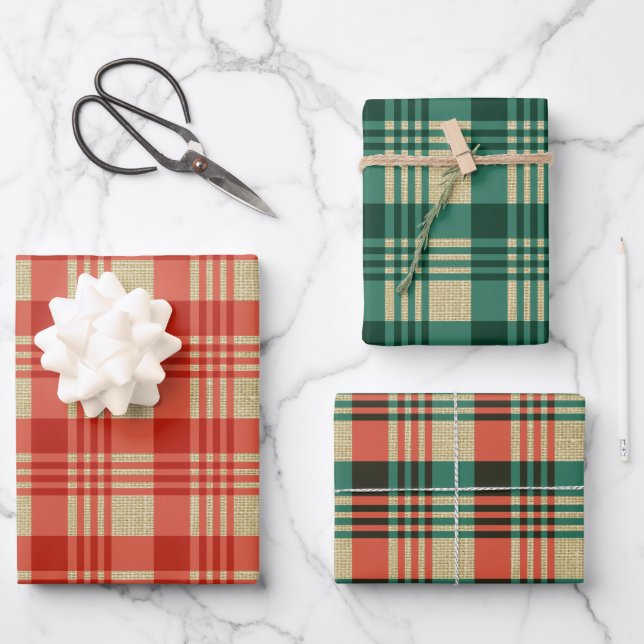 Feuille De Papier Cadeau Jour de Noël de l'opération Burlap vert rouge (Recto)