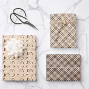 Feuille De Papier Cadeau Joy Tan Tartan Plaid Motif Noël