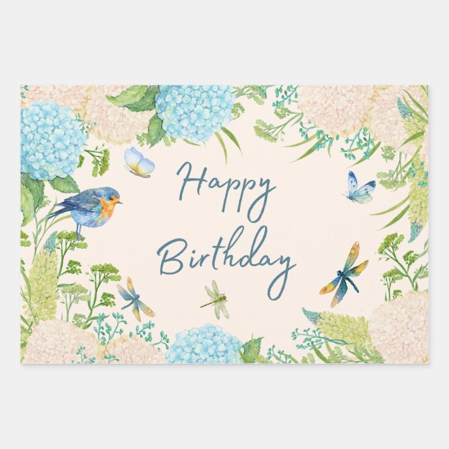 Feuille De Papier Cadeau Joyeuse aquarelle d'anniversaire Hydrangea Fleurs (Devant)