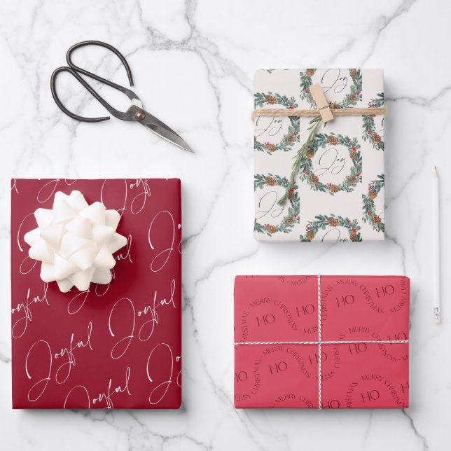 Feuille De Papier Cadeau Joyeuse couronne rouge moderne de Noël (Recto)