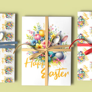 Feuille De Papier Cadeau Joyeuse fleur de printemps de Pâques avec lapin mi