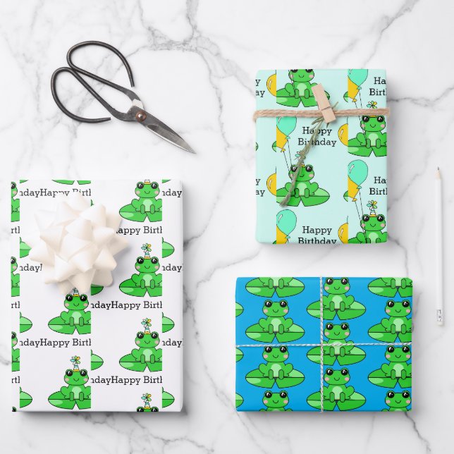 Feuille De Papier Cadeau Joyeuse grenouille d'anniversaire avec ballons (Recto)