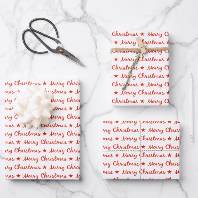Feuille De Papier Cadeau Joyeuse typographie de Noël Motif blanc rouge (Recto)