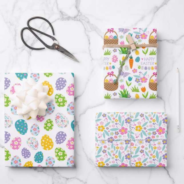 Feuille De Papier Cadeau Joyeuses fleurs de Pâques Pâques Paniers Oeufs de  (Recto)