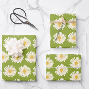 Feuille De Papier Cadeau Joyeuses marguerites blanches colorées 1970 Retro
