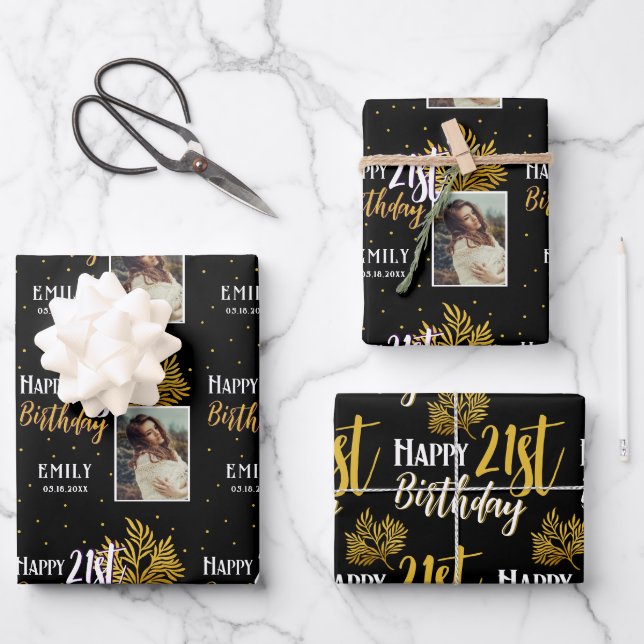 Feuille De Papier Cadeau Joyeux 21e anniversaire Black Gold Foliage Photo (Recto)