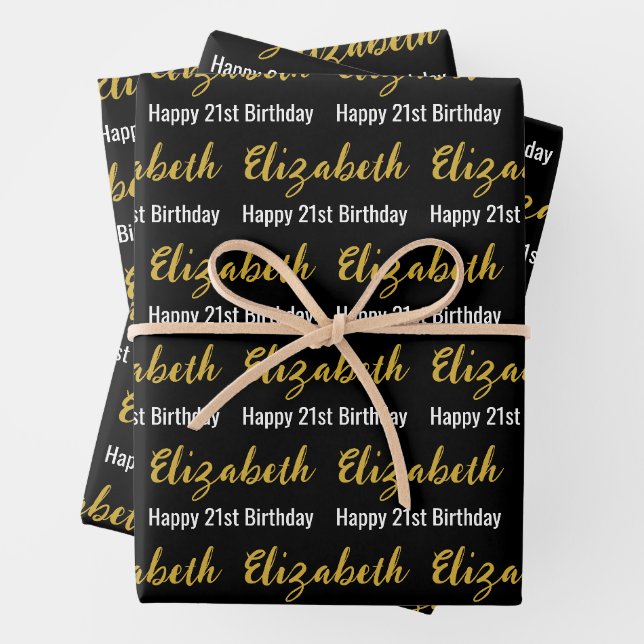 Feuille De Papier Cadeau Joyeux 21e Anniversaire Gold Nom Noir et Blanc (En situation)