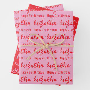 Feuille De Papier Cadeau Joyeux 21e Anniversaire Nom Rose Clair et Rouge