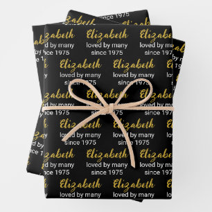 Feuille De Papier Cadeau Joyeux 50e anniversaire Nom Or Blanc et Noir