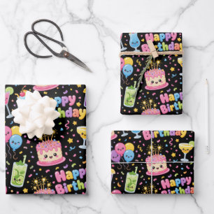 Feuille De Papier Cadeau Joyeux Anniversaire Fête d'Art Kawaii