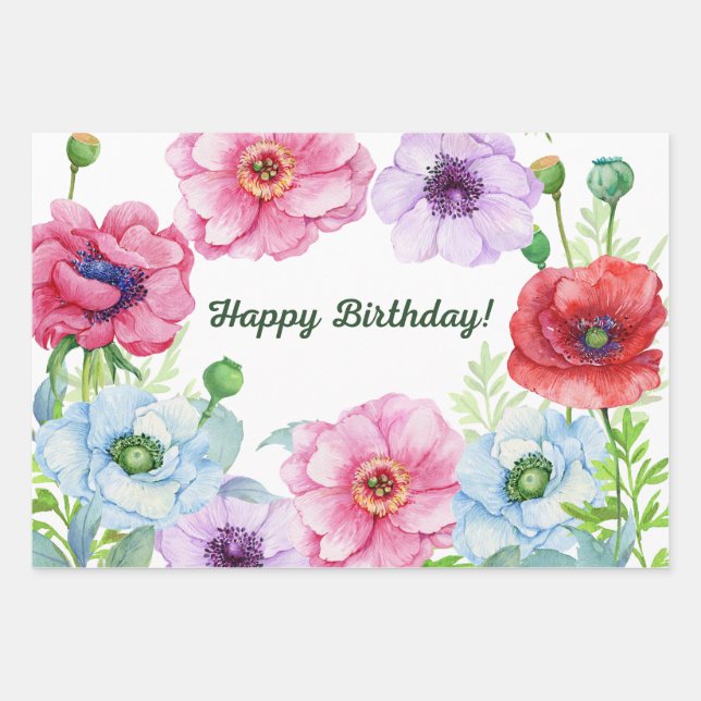 Feuille De Papier Cadeau Joyeux Anniversaire Fleurs de Pavot (Devant)