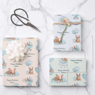 Feuille De Papier Cadeau Joyeux Anniversaire Garçon Mignon Bébé Bouledogue 