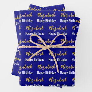 Feuille De Papier Cadeau Joyeux Anniversaire Gold Nom Script Marine Bleu & 