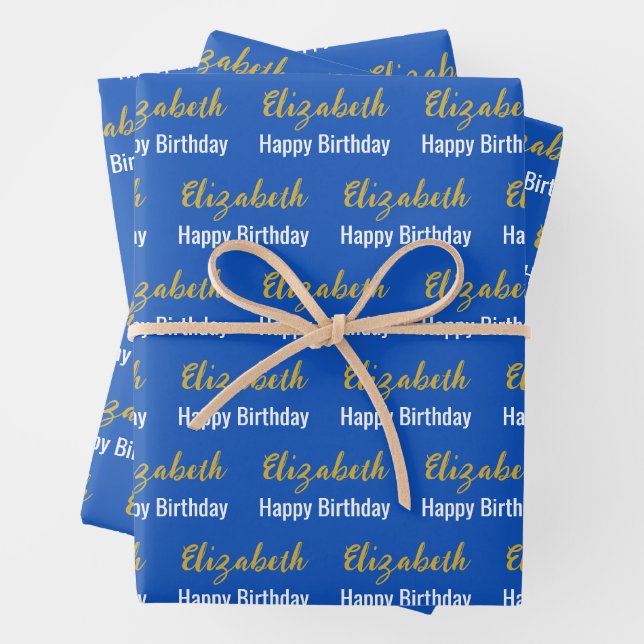 Feuille De Papier Cadeau Joyeux Anniversaire Gold Script Nom Sapphire Blue (En situation)