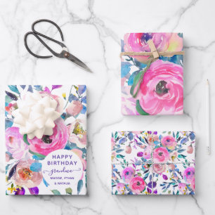Feuille De Papier Cadeau Joyeux anniversaire Grand-mère Floral