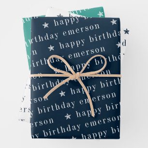 Feuille De Papier Cadeau Joyeux Anniversaire Nom Motif Bleu Turquoise
