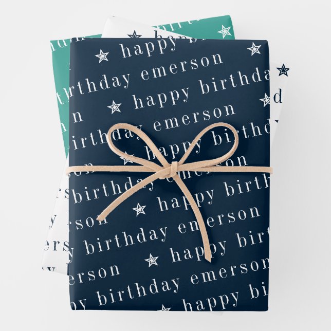 Feuille De Papier Cadeau Joyeux Anniversaire Nom Motif Bleu Turquoise (En situation)