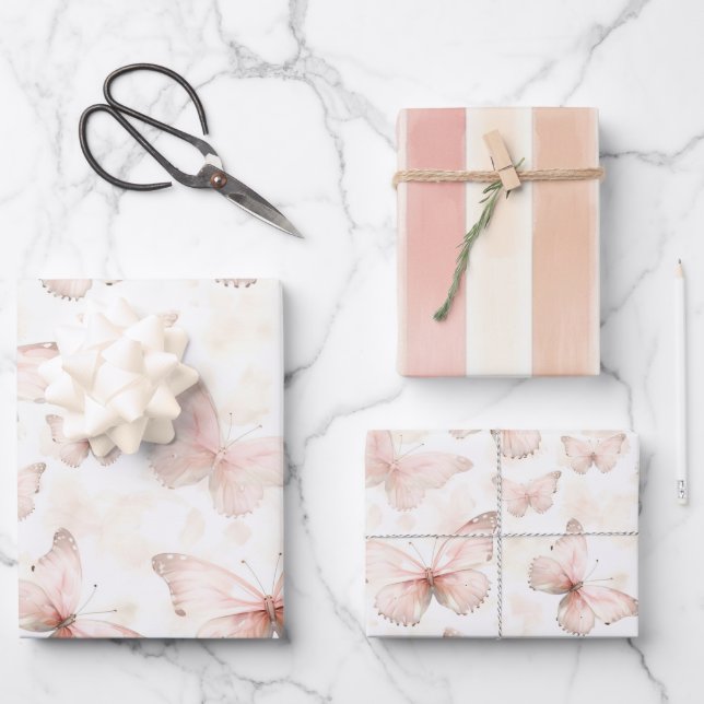 Feuille De Papier Cadeau Joyeux Anniversaire Papillons Roses (Recto)