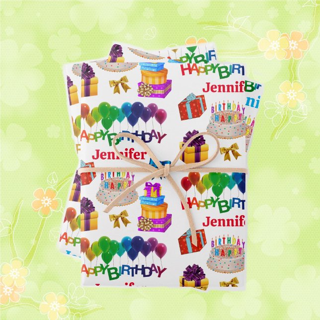 Feuille De Papier Cadeau Joyeux Anniversaire Personnalisé Nom lumineux et j (Créateur téléchargé)