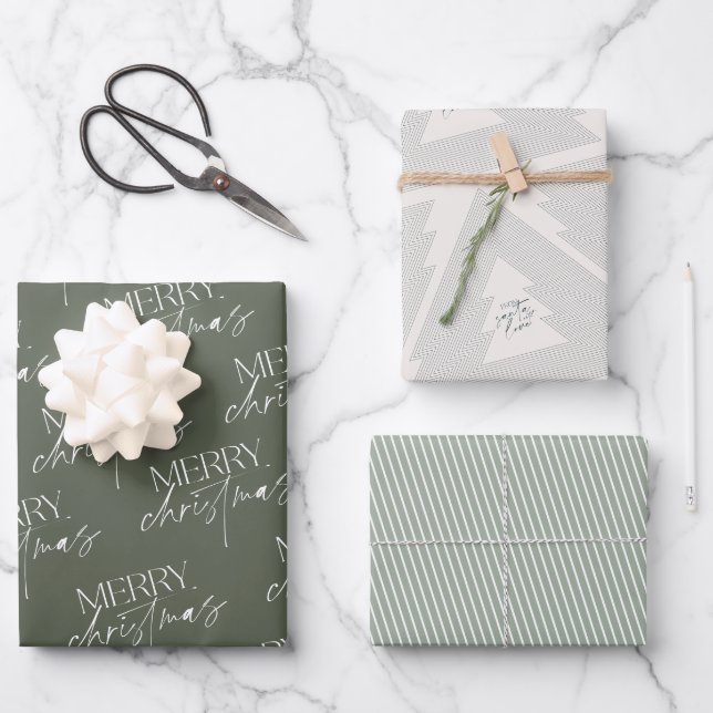 Feuille De Papier Cadeau Joyeux arbre de Noël moderne vert (Recto)