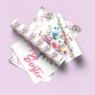 Feuille De Papier Cadeau Joyeux bouquet de fleurs rose pastel pastel de Pâq