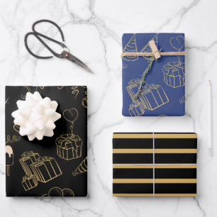 Feuille De Papier Cadeau Joyeux Cadeaux d'anniversaire Gold Black Blue