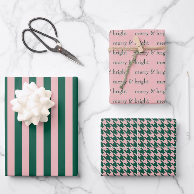 Feuille De Papier Cadeau Joyeux et lumineux Noël vert rose (Recto)
