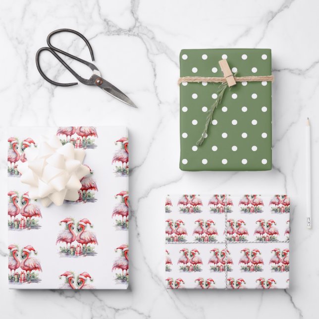 Feuille De Papier Cadeau Joyeux Flamants roses roses de Noël (Recto)