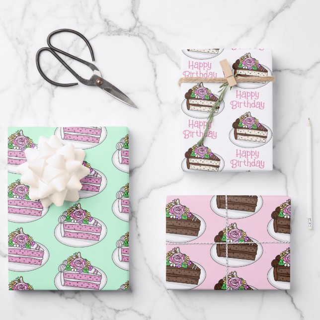 Feuille De Papier Cadeau Joyeux gâteau d'anniversaire rose (Recto)