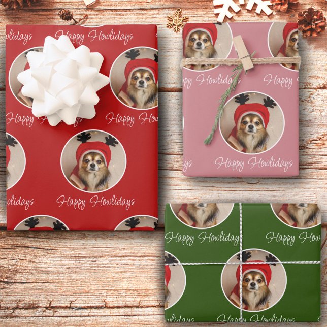 Feuille De Papier Cadeau Joyeux Howlidays Red Green Pink Dog Pet Photo (Créateur téléchargé)