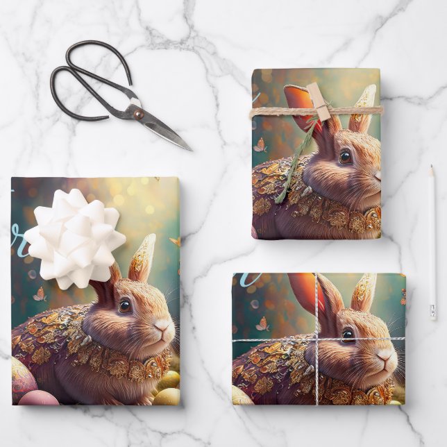 Feuille De Papier Cadeau Joyeux lapin de Pâques avec oeufs de Pâques (Recto)