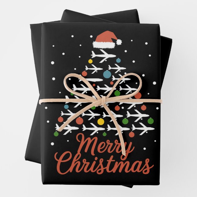 Feuille De Papier Cadeau Joyeux Noël Avion Vacances Arbre (En situation)