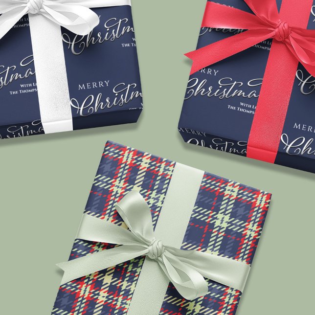 Feuille De Papier Cadeau Joyeux Noël Calligraphie Script Marine Blue Cute (Merry Christmas navy blue and plaid pattern wrapping paper sheets. )