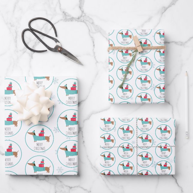Feuille De Papier Cadeau Joyeux Noël Dachshund (Recto)