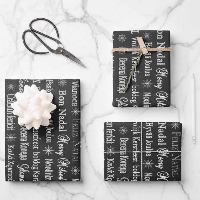 Feuille De Papier Cadeau Joyeux Noël en langues étrangères Noir (Recto)